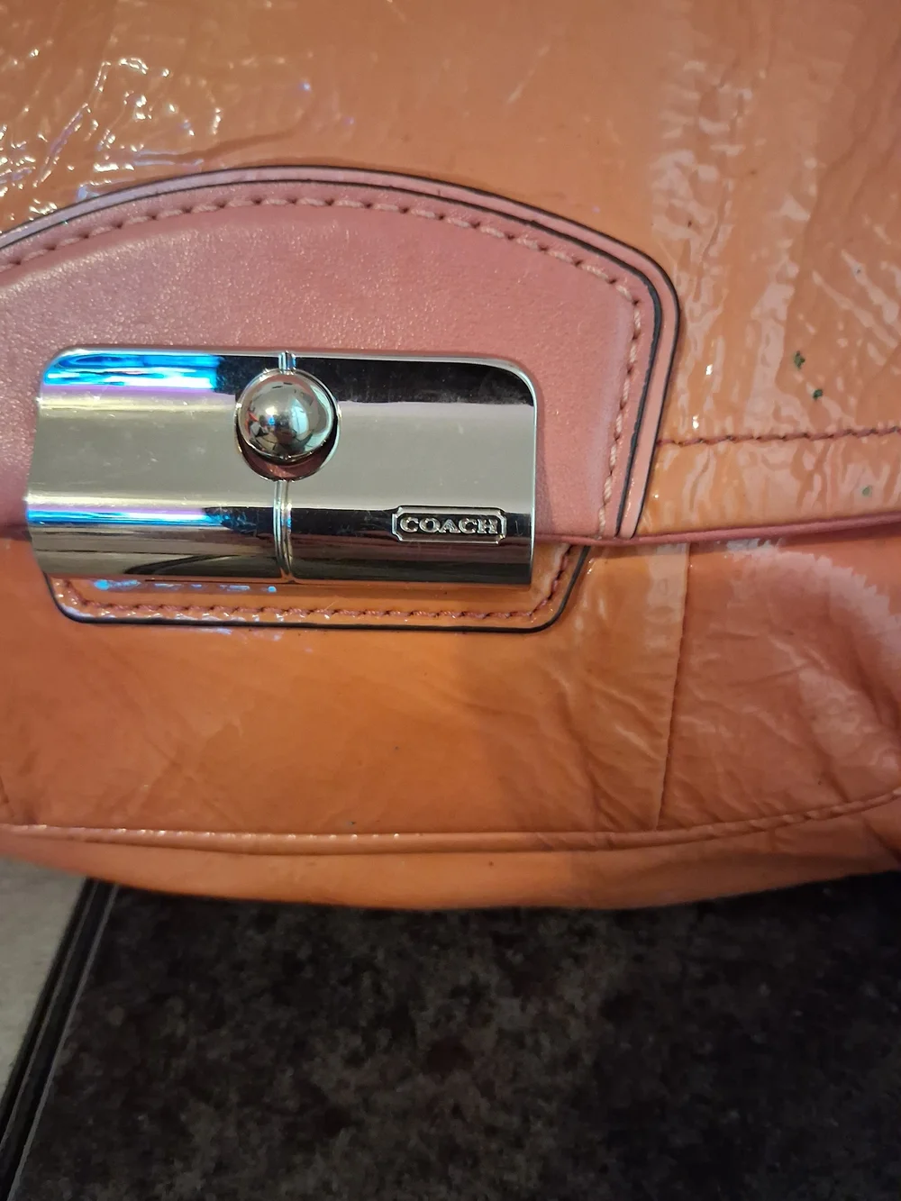 Coach Orange Patent Leather Hampton Shoulder Bag with Pink Trim